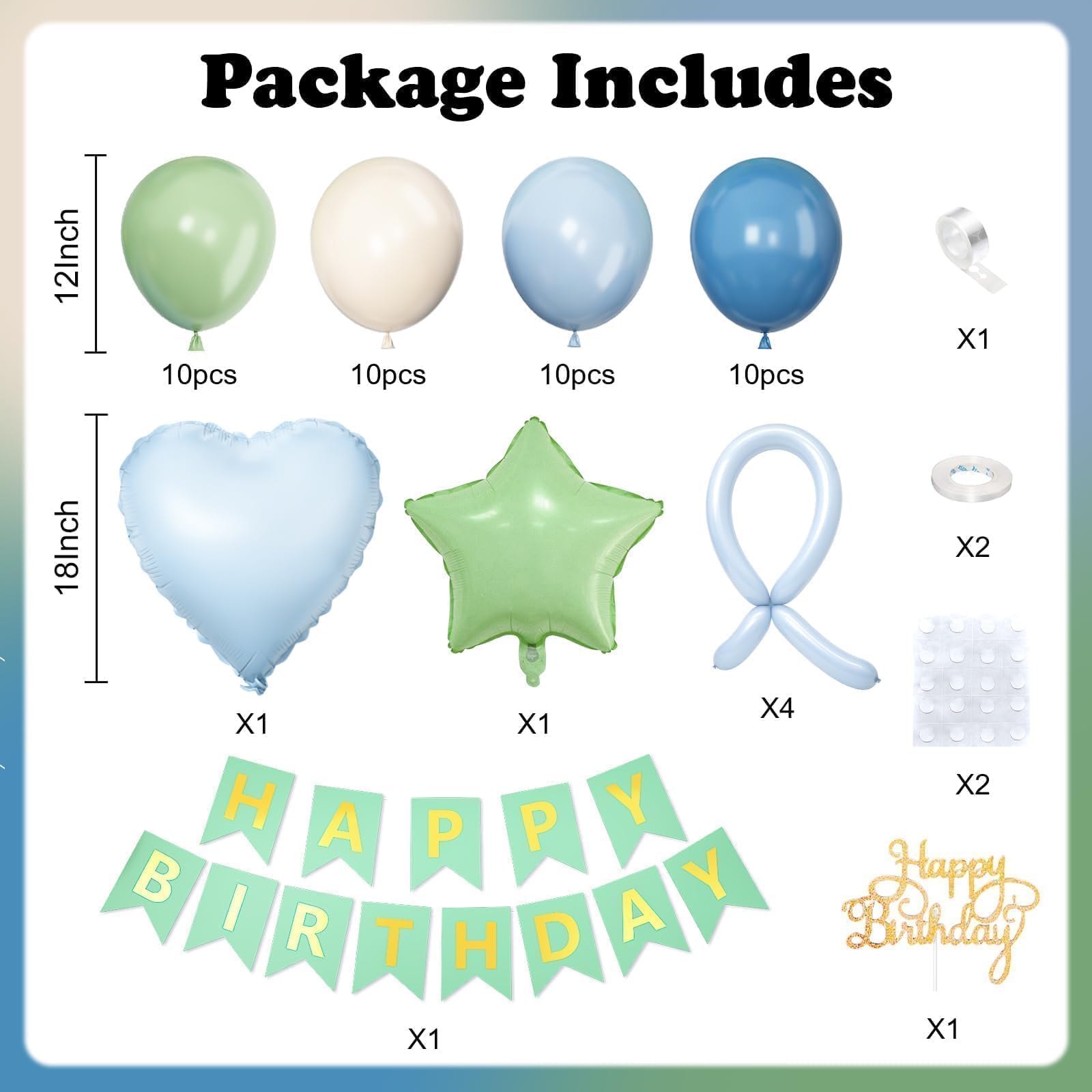 Vibzox Sage Green and Blue Birthday Decorations Set – 40 Latex Balloons, Foil Heart & Star, Banner, Cake Topper