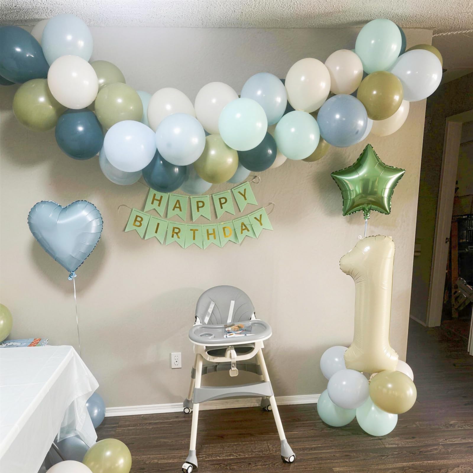 Vibzox Sage Green and Blue Birthday Decorations Set – 40 Latex Balloons, Foil Heart & Star, Banner, Cake Topper