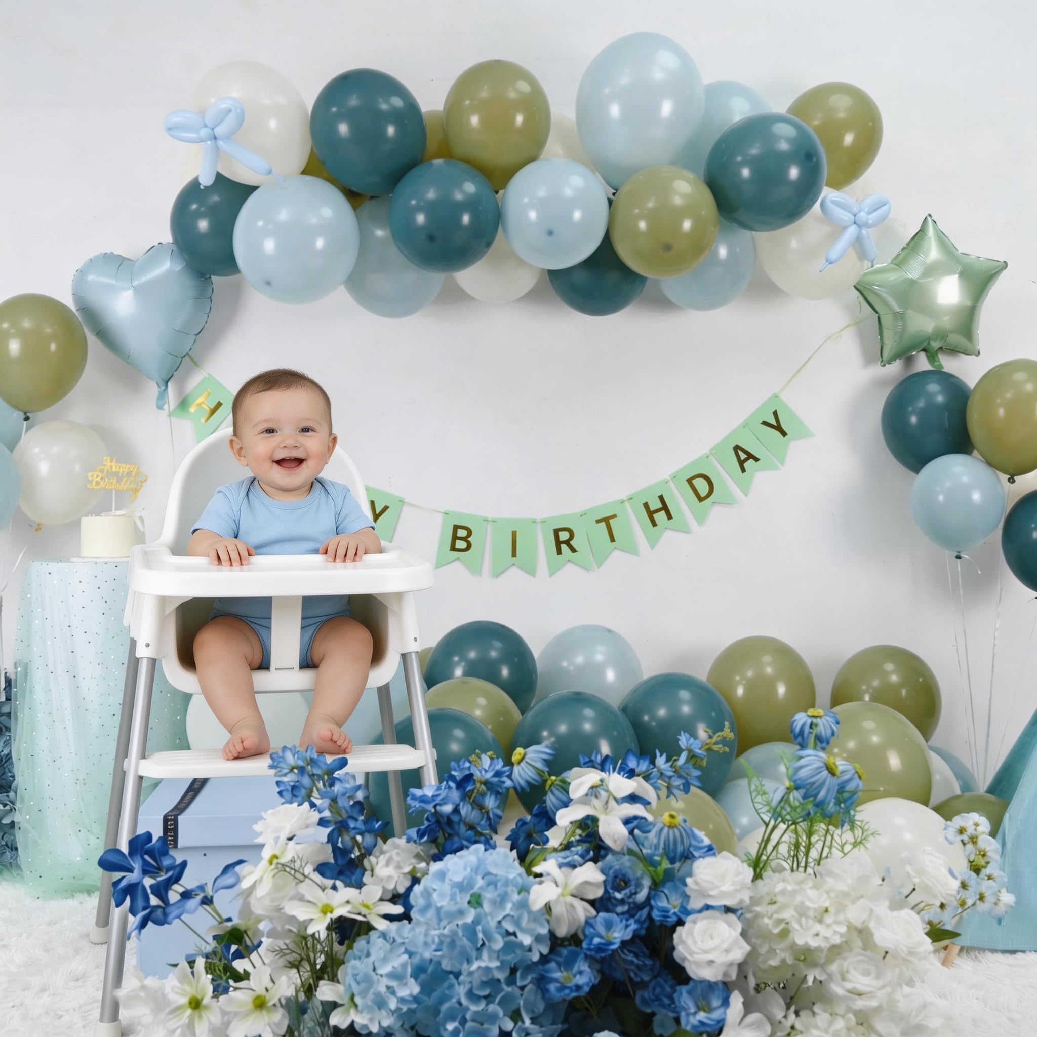 Vibzox Sage Green and Blue Birthday Decorations Set – 40 Latex Balloons, Foil Heart & Star, Banner, Cake Topper