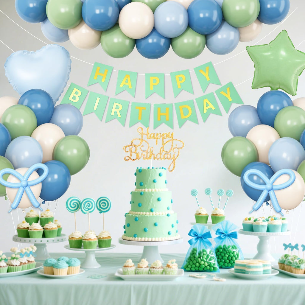 Vibzox Sage Green and Blue Birthday Decorations Set – 40 Latex Balloons, Foil Heart & Star, Banner, Cake Topper