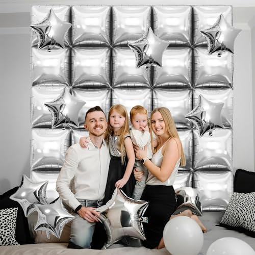 Vibzox Silver Square Foil Balloon Wall Kit – 25 Double-Sided 19-Inch Chrome Balloons for Arch, Tunnel, or Backdrop