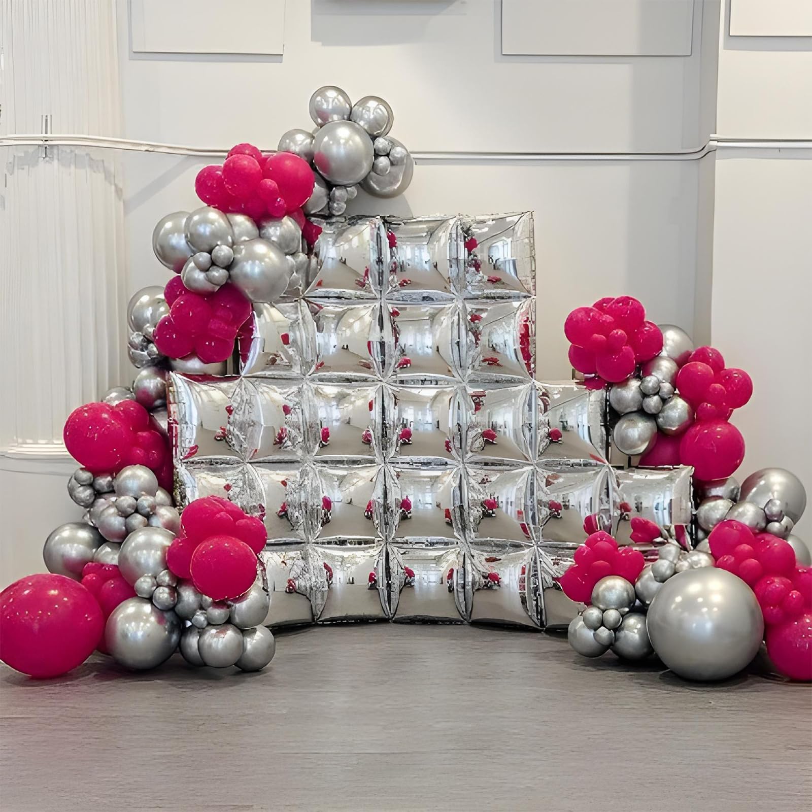 Vibzox Silver Square Foil Balloon Wall Kit – 25 Double-Sided 19-Inch Chrome Balloons for Arch, Tunnel, or Backdrop