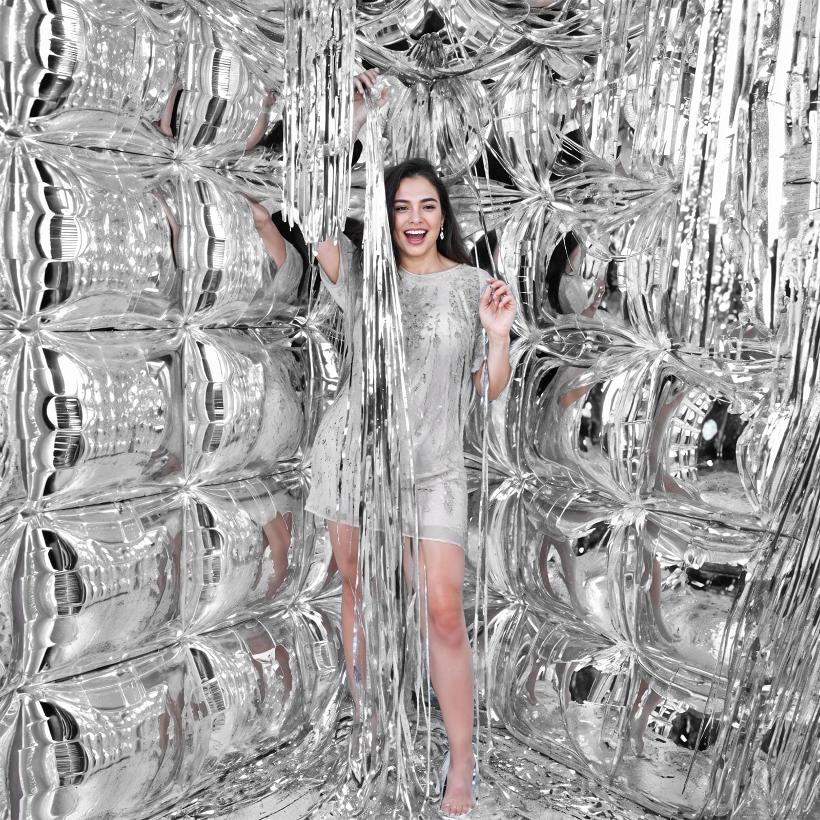 Vibzox Silver Square Foil Balloon Wall Kit – 25 Double-Sided 19-Inch Chrome Balloons for Arch, Tunnel, or Backdrop