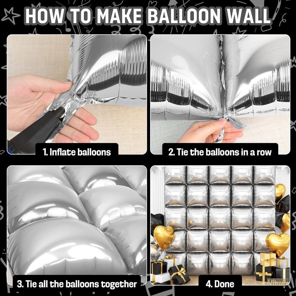 Vibzox Silver Square Foil Balloon Wall Kit – 25 Double-Sided 19-Inch Chrome Balloons for Arch, Tunnel, or Backdrop