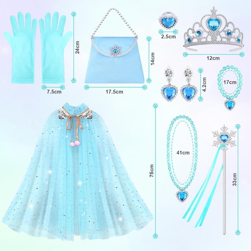 Vicloon 11-Piece Princess Dress-Up Set with Cape, Crown, Wand, and Jewelry for Girls Ages 3+ (Blue)