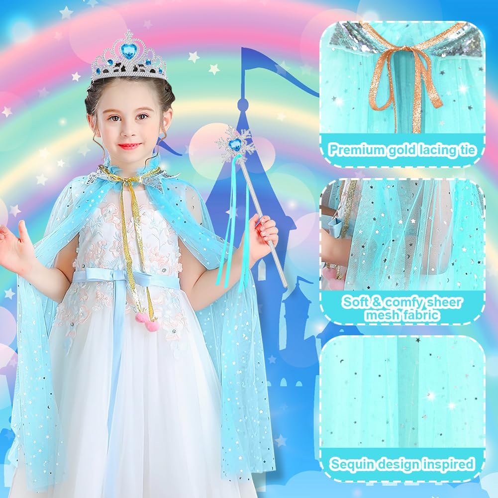 Vicloon 11-Piece Princess Dress-Up Set with Cape, Crown, Wand, and Jewelry for Girls Ages 3+ (Blue)