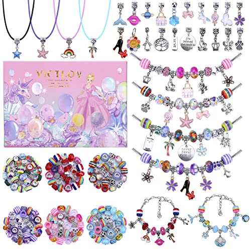 VICTLOV Charm Bracelet Making Kit - 126 Piece DIY Craft Set for Girls Ages 4-12 with Unicorn and Mermaid Beads