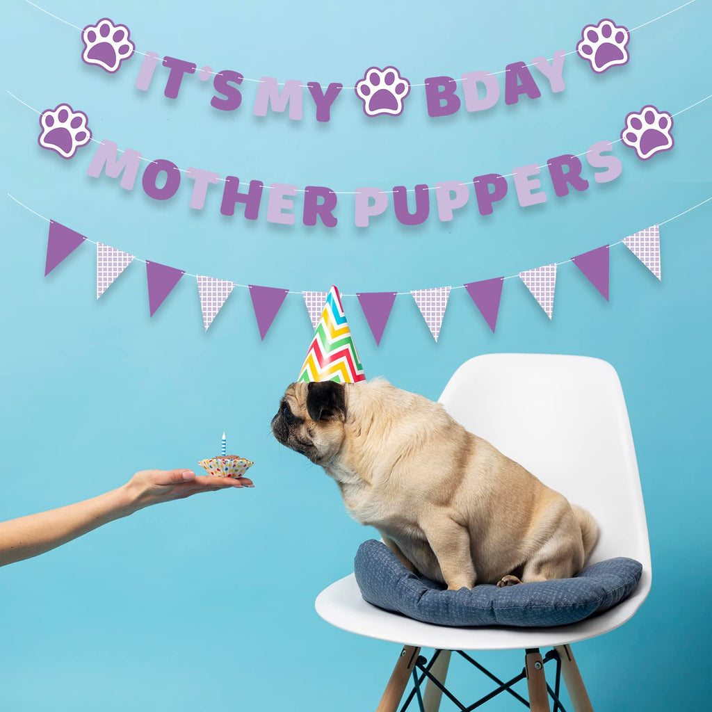 Vicycaty Dog Birthday Banner Set – Pre-Strung Purple Puppy Party Decorations with "MOTHER PUPPERS" & "IT'S MY BDAY" Banners, 26-Foot String, Reusable Cardboard Banners for Female Dog's Birthday (Dachshund or Any Dog)