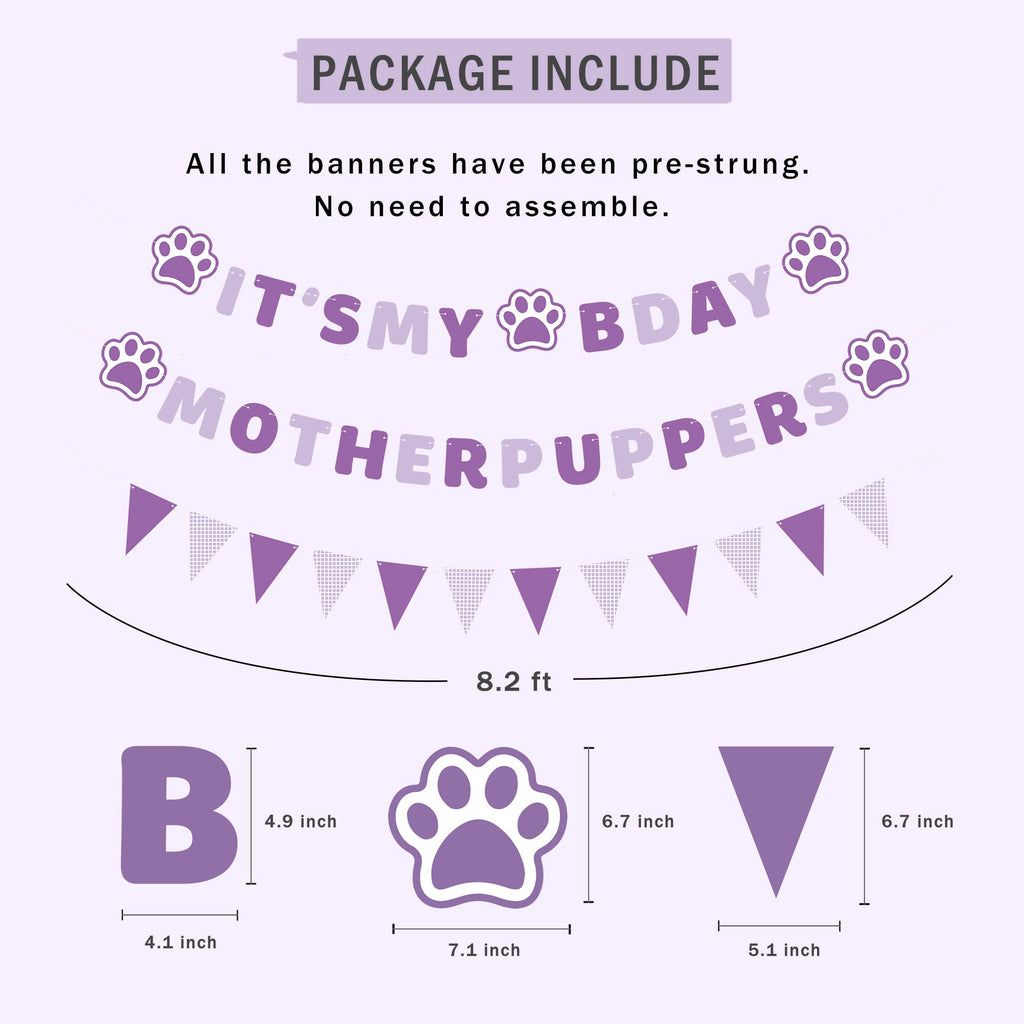 Vicycaty Dog Birthday Banner Set – Pre-Strung Purple Puppy Party Decorations with "MOTHER PUPPERS" & "IT'S MY BDAY" Banners, 26-Foot String, Reusable Cardboard Banners for Female Dog's Birthday (Dachshund or Any Dog)