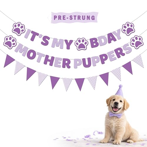 Vicycaty Dog Birthday Banner Set – Pre-Strung Purple Puppy Party Decorations with "MOTHER PUPPERS" & "IT'S MY BDAY" Banners, 26-Foot String, Reusable Cardboard Banners for Female Dog's Birthday (Dachshund or Any Dog)