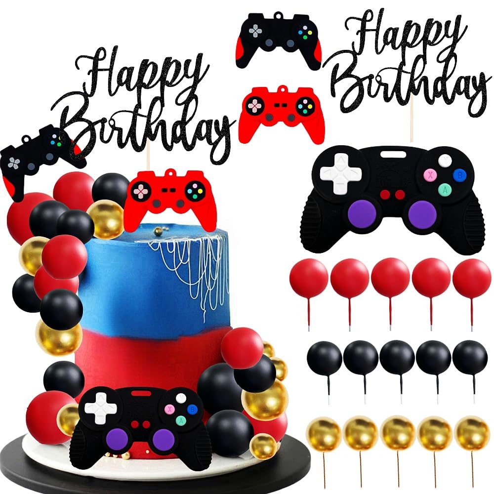 Video Game Cake Topper Set with 15 Balls, Controller & Happy Birthday Sign (Red) for Gaming Birthday Parties
