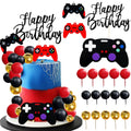 Video Game Cake Topper Set with 15 Balls, Controller & Happy Birthday Sign (Red) for Gaming Birthday Parties