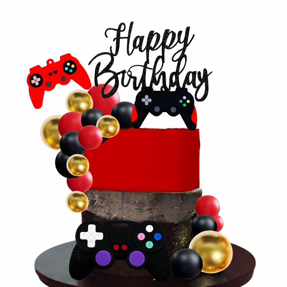 Video Game Cake Topper Set with 15 Balls, Controller & Happy Birthday Sign (Red) for Gaming Birthday Parties
