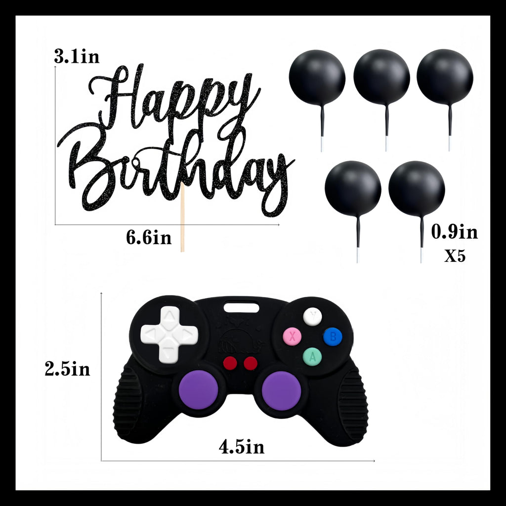 Video Game Cake Topper Set with 15 Balls, Controller & Happy Birthday Sign (Red) for Gaming Birthday Parties