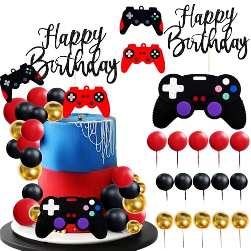 Video Game Cake Topper Set with 15 Balls, Controller & Happy Birthday Sign (Red) for Gaming Birthday Parties