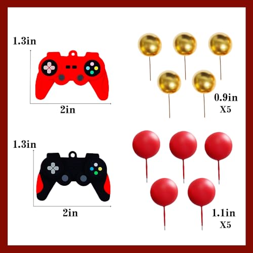 Video Game Cake Topper Set with 15 Balls, Controller & Happy Birthday Sign (Red) for Gaming Birthday Parties