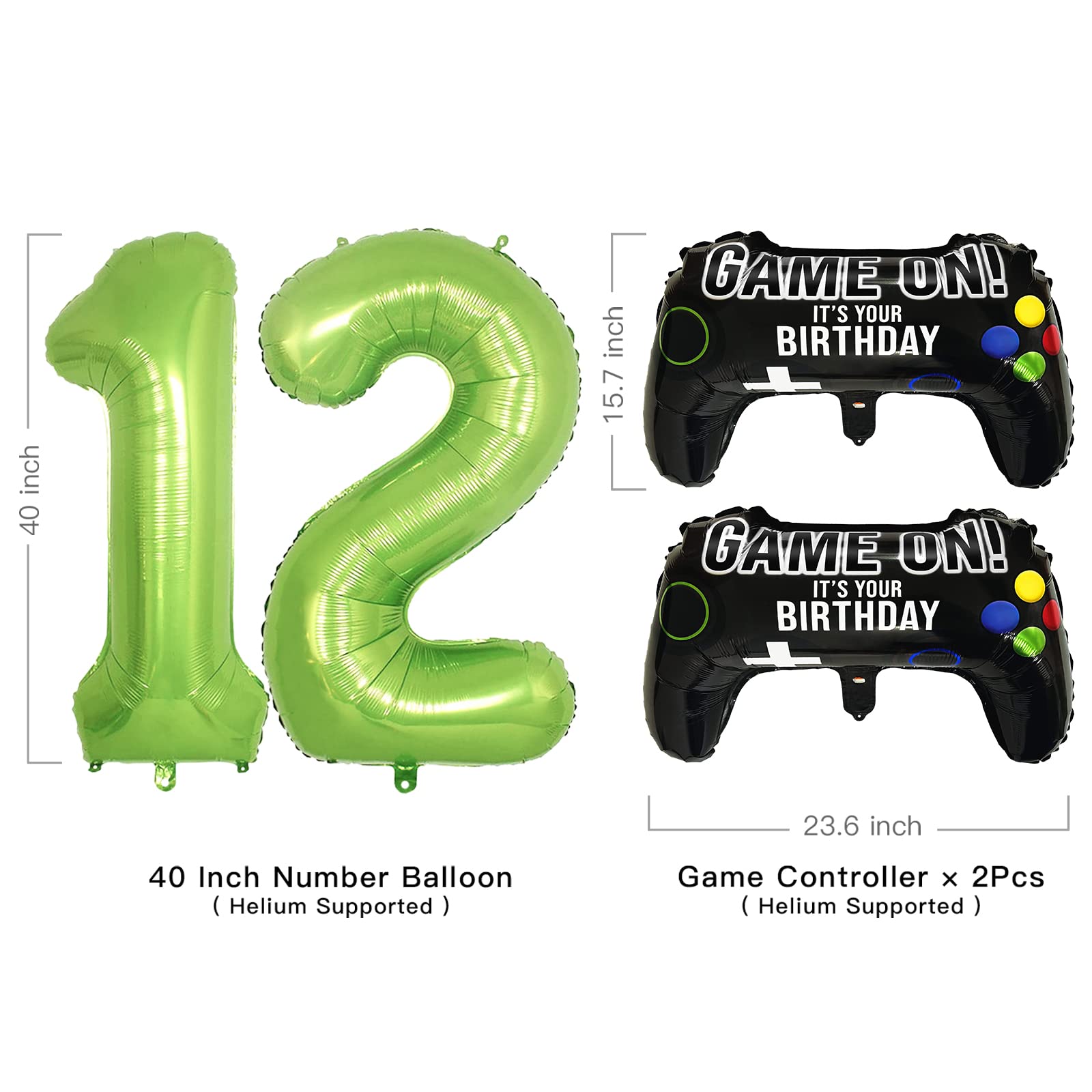 Video Game Party Balloons 12th Birthday Decorations – 2 Game Controller Foil Balloons & Giant Number 12