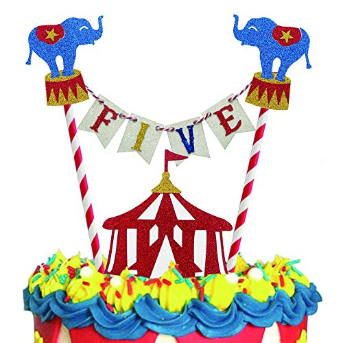 Vignye Circus 5th Birthday Cake Topper - Glitter Carnival Flags & Tent Set