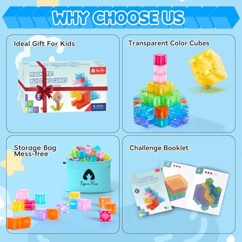 VigorFun 63-Piece Transparent Magnetic Blocks Set with Figurines and Storage Bag – STEM Learning Toy for Ages 3-12