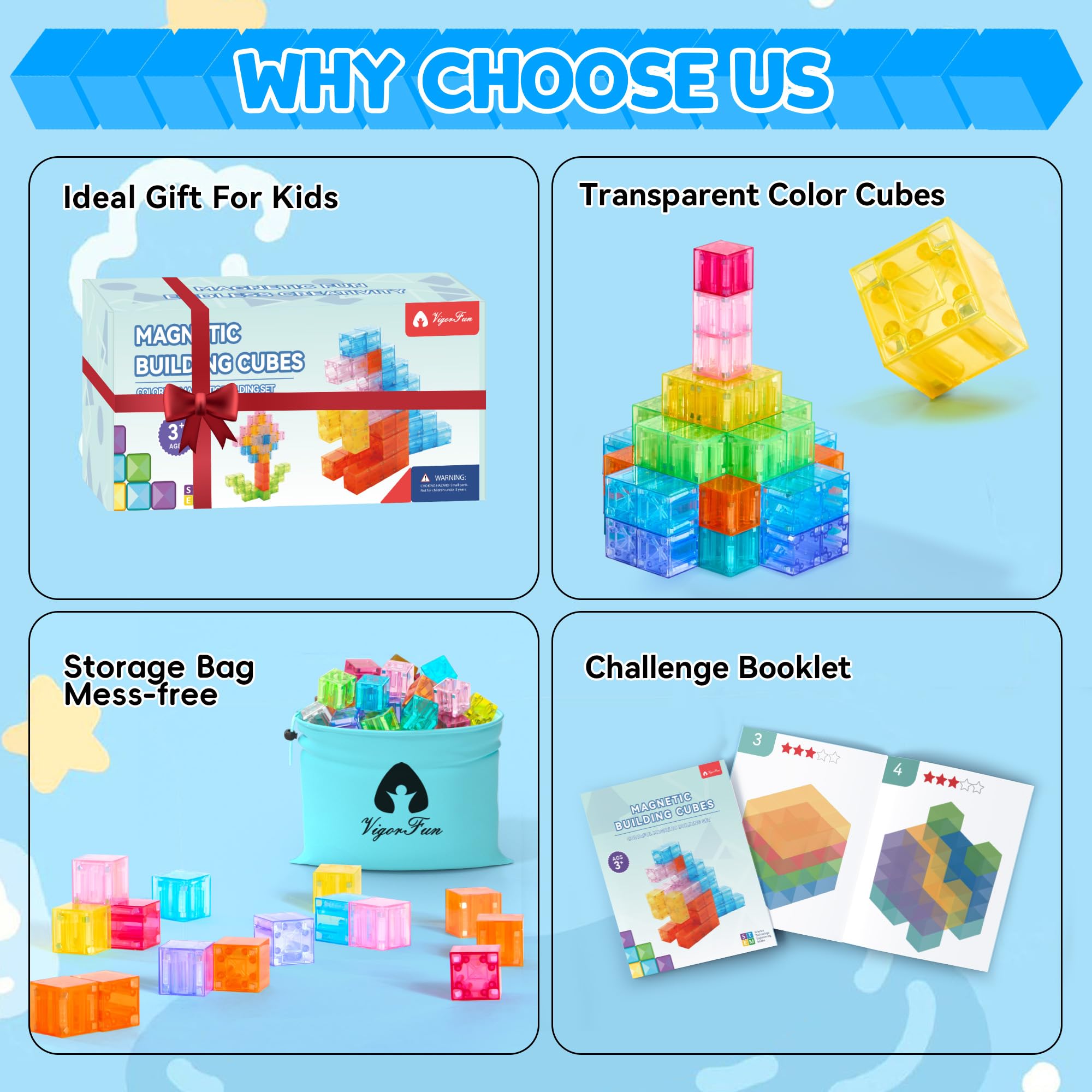VigorFun 63-Piece Transparent Magnetic Blocks Set with Figurines and Storage Bag – STEM Learning Toy for Ages 3-12