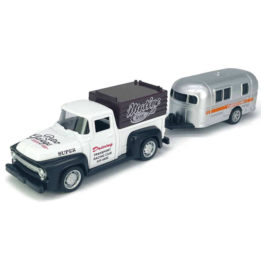 VIIGER Diecast Metal Pickup Truck and Camper Set – Pull-Back Toy with Detachable RV, White and Silver