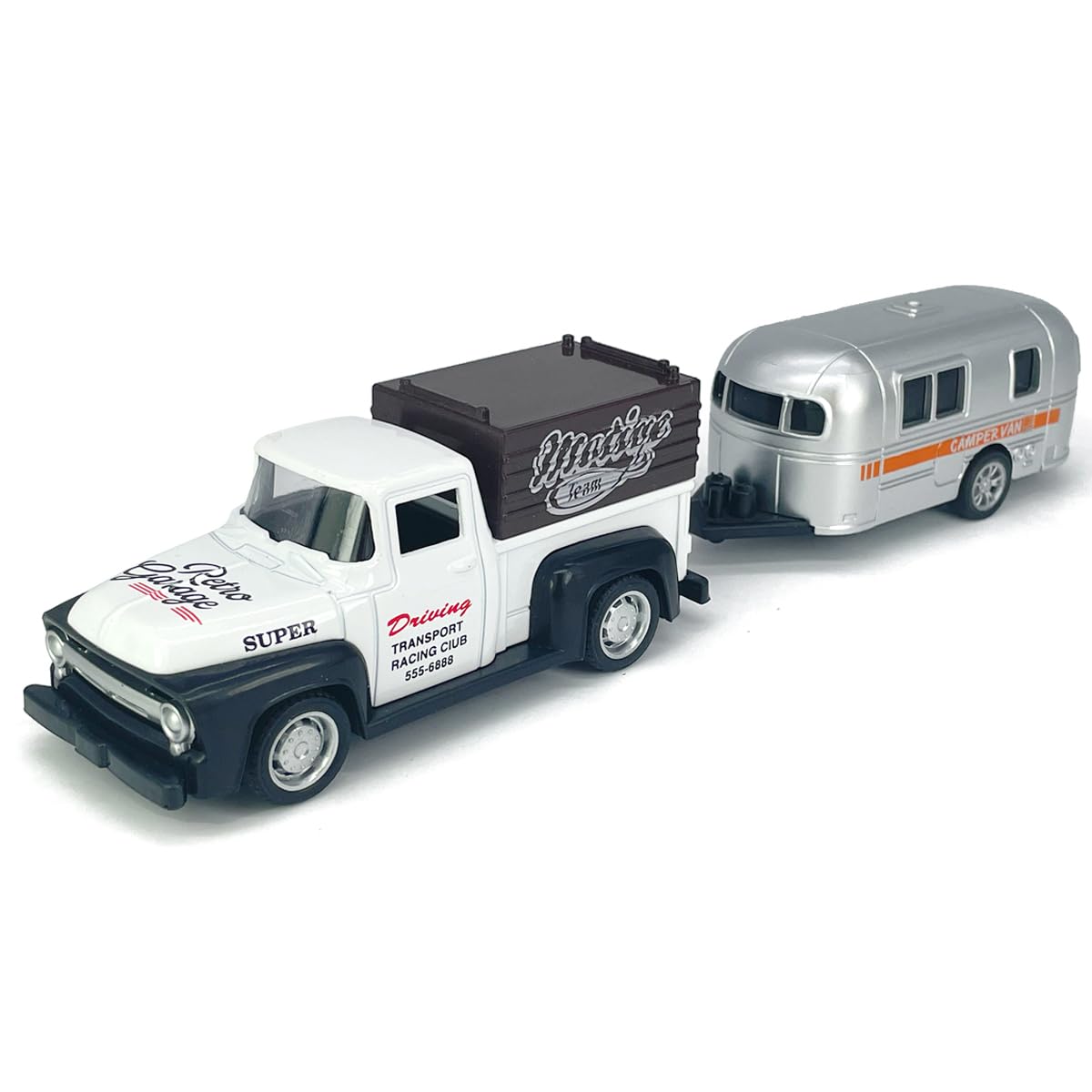 VIIGER Diecast Metal Pickup Truck and Camper Set – Pull-Back Toy with Detachable RV, White and Silver