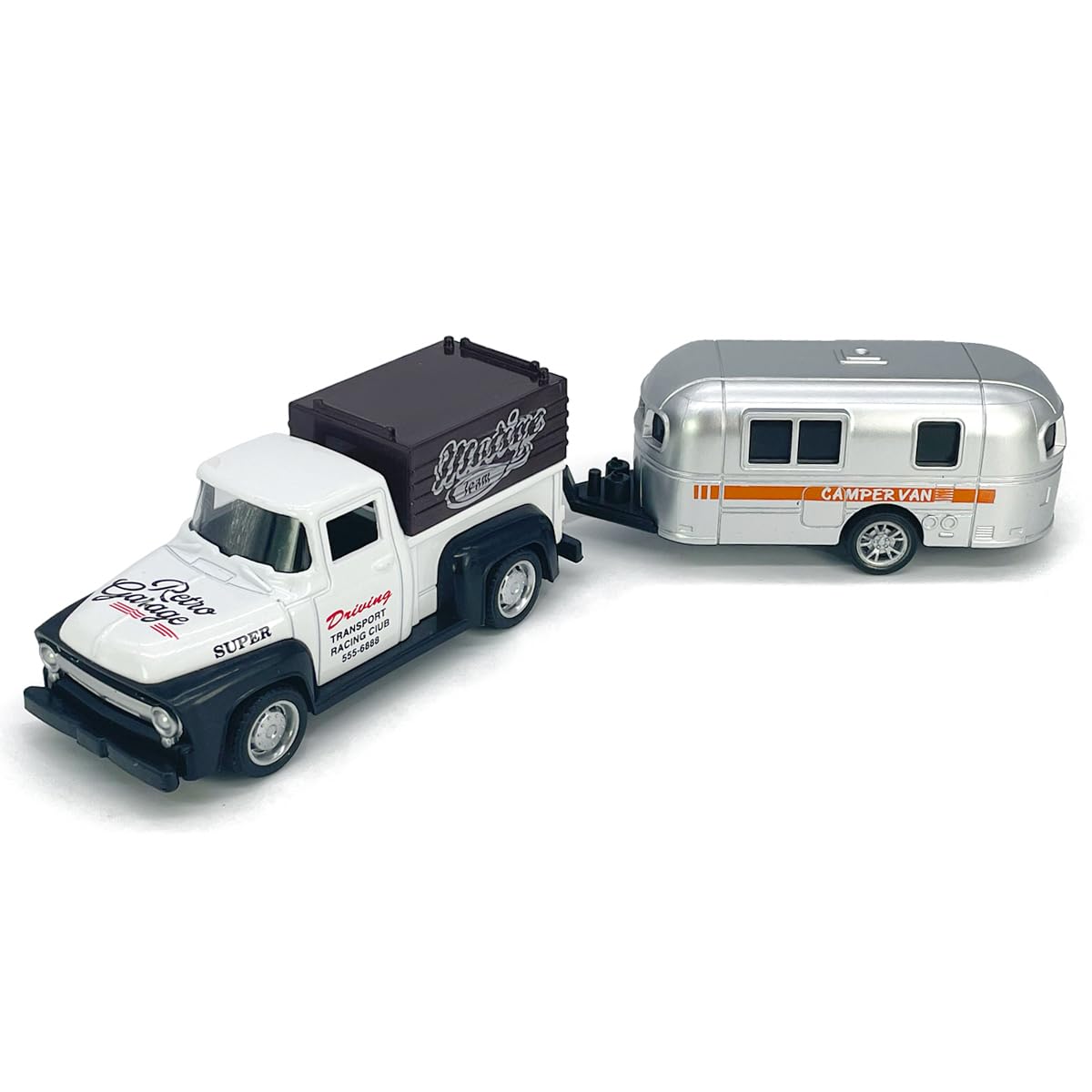 VIIGER Diecast Metal Pickup Truck and Camper Set – Pull-Back Toy with Detachable RV, White and Silver