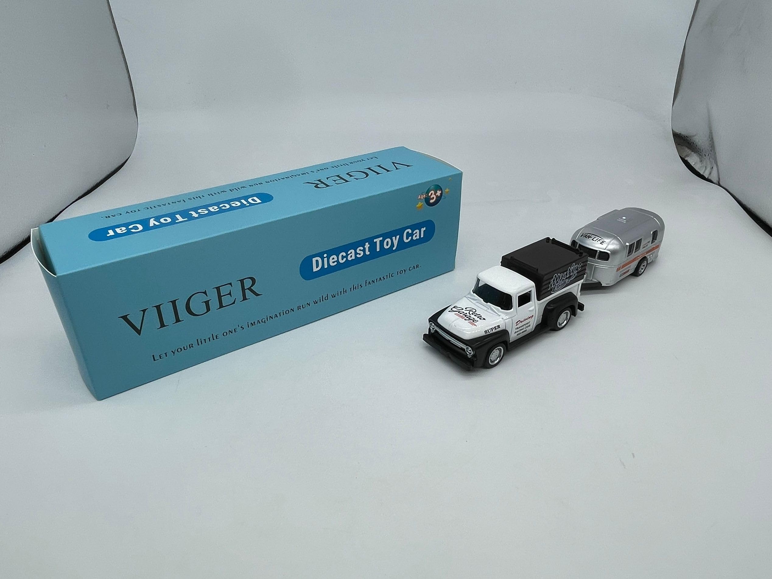 VIIGER Diecast Metal Pickup Truck and Camper Set – Pull-Back Toy with Detachable RV, White and Silver