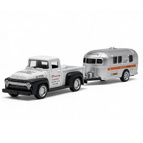 VIIGER Diecast Metal Pickup Truck and Camper Toy – Pull-Back, Detachable, White & Silver, for Kids 3-7