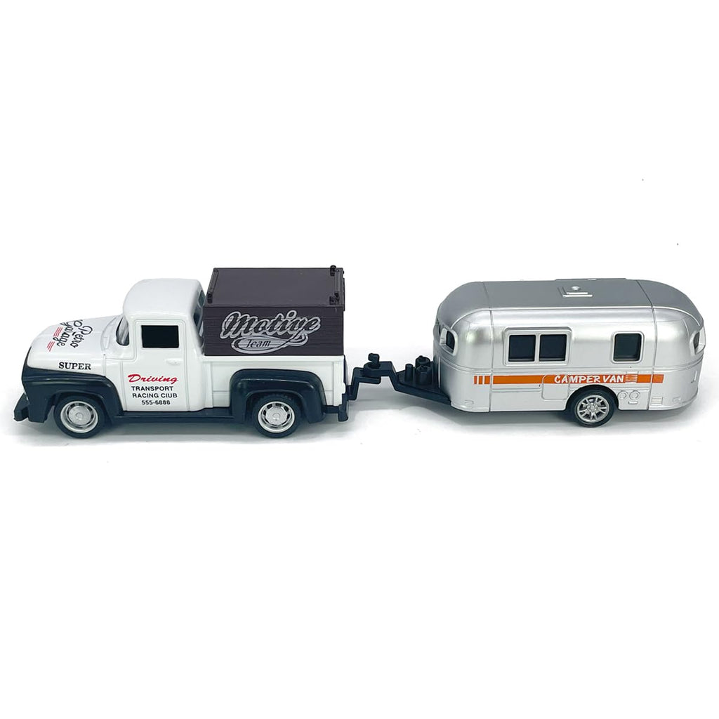 VIIGER Diecast Metal Pickup Truck and Camper Toy – Pull-Back, Detachable, White & Silver, for Kids 3-7
