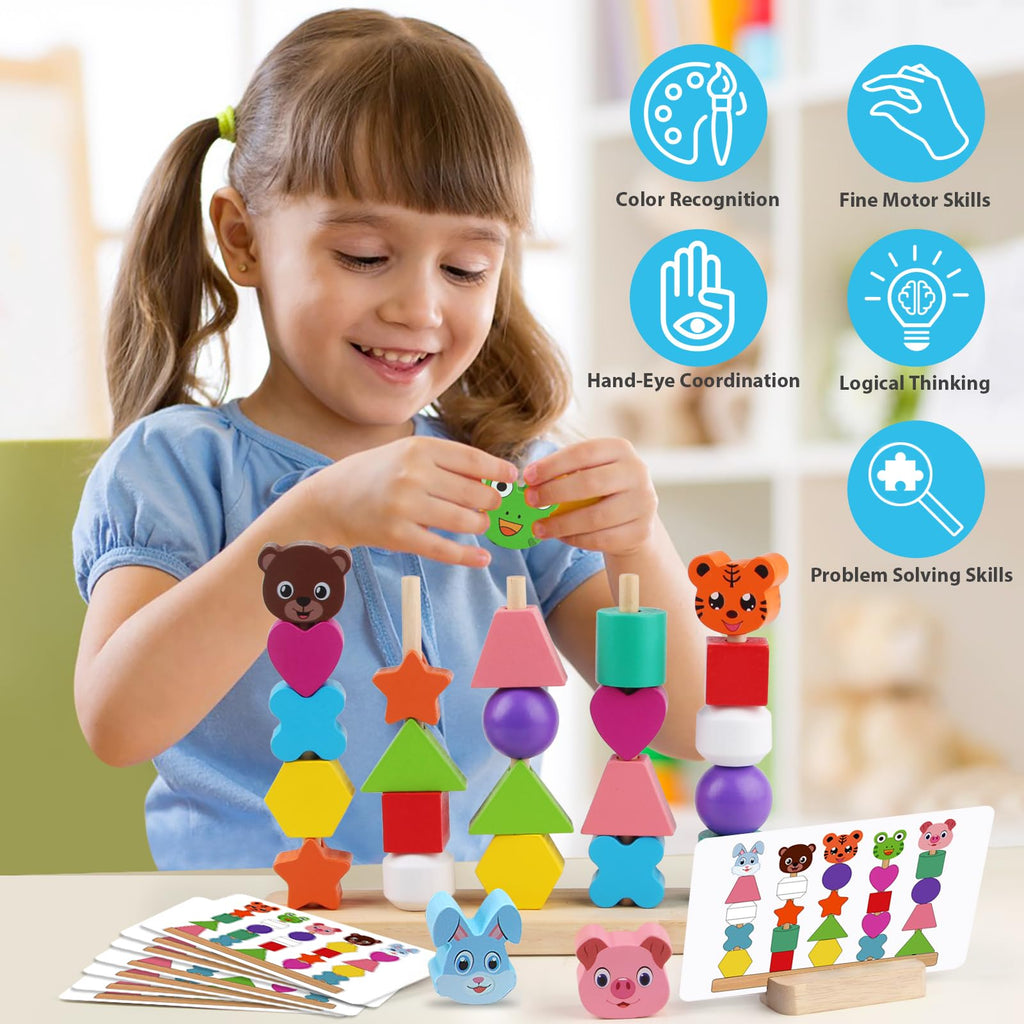 Vinlon Montessori Bead Sequencing Set - Shape Sorting & Stacking Toy for Toddlers 2-5 Years