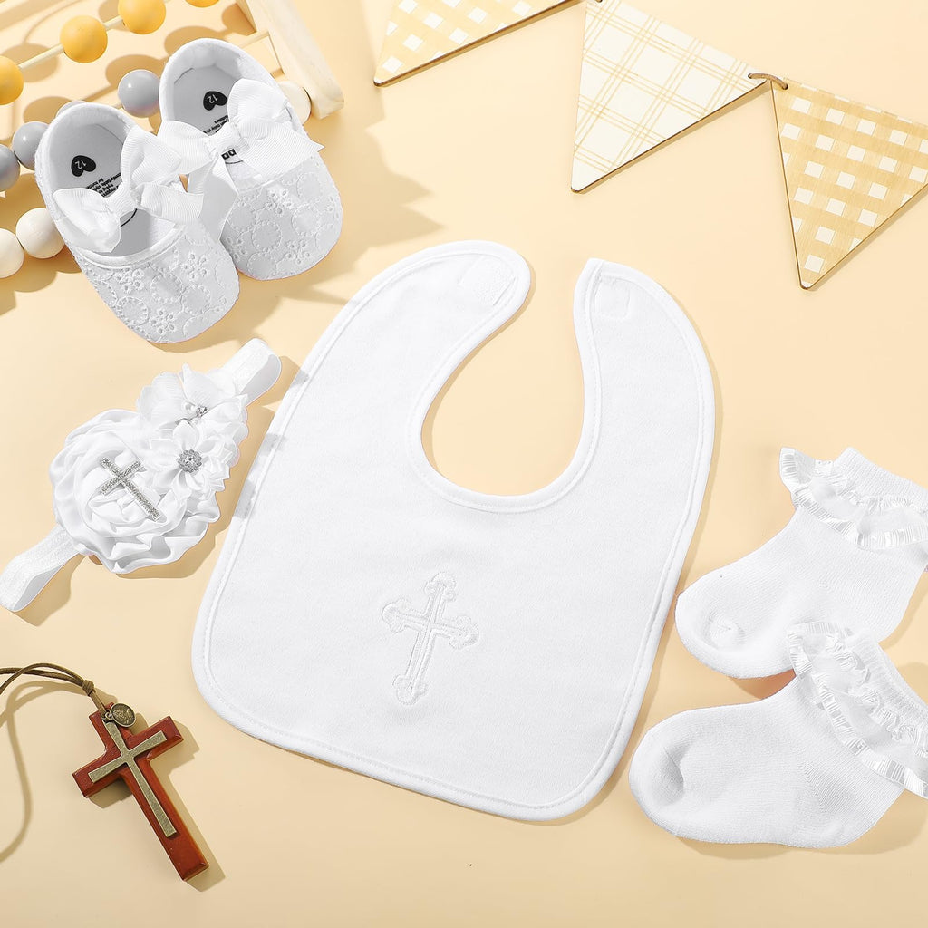 Vinsatin 4-Piece Baby Girl Baptism and Christening Outfit Set with Bib, Shoes, Socks, and Headband