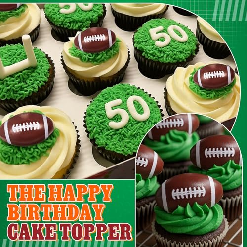 VioraWhite Large Football Cake Toppers Set - 8 Pieces with 5 Balls, Trophies, and Happy Birthday Sign for Sports Theme Parties