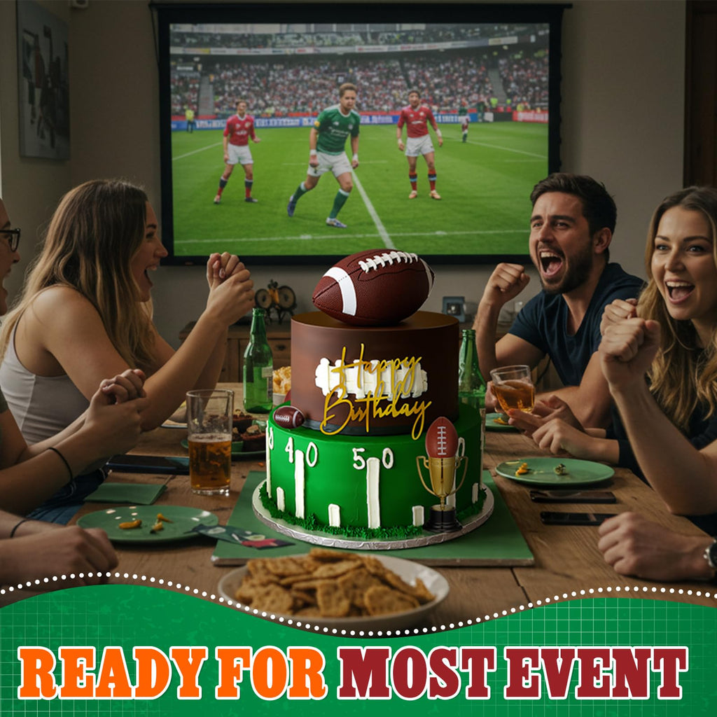 VioraWhite Large Football Cake Toppers Set - 8 Pieces with 5 Balls, Trophies, and Happy Birthday Sign for Sports Theme Parties