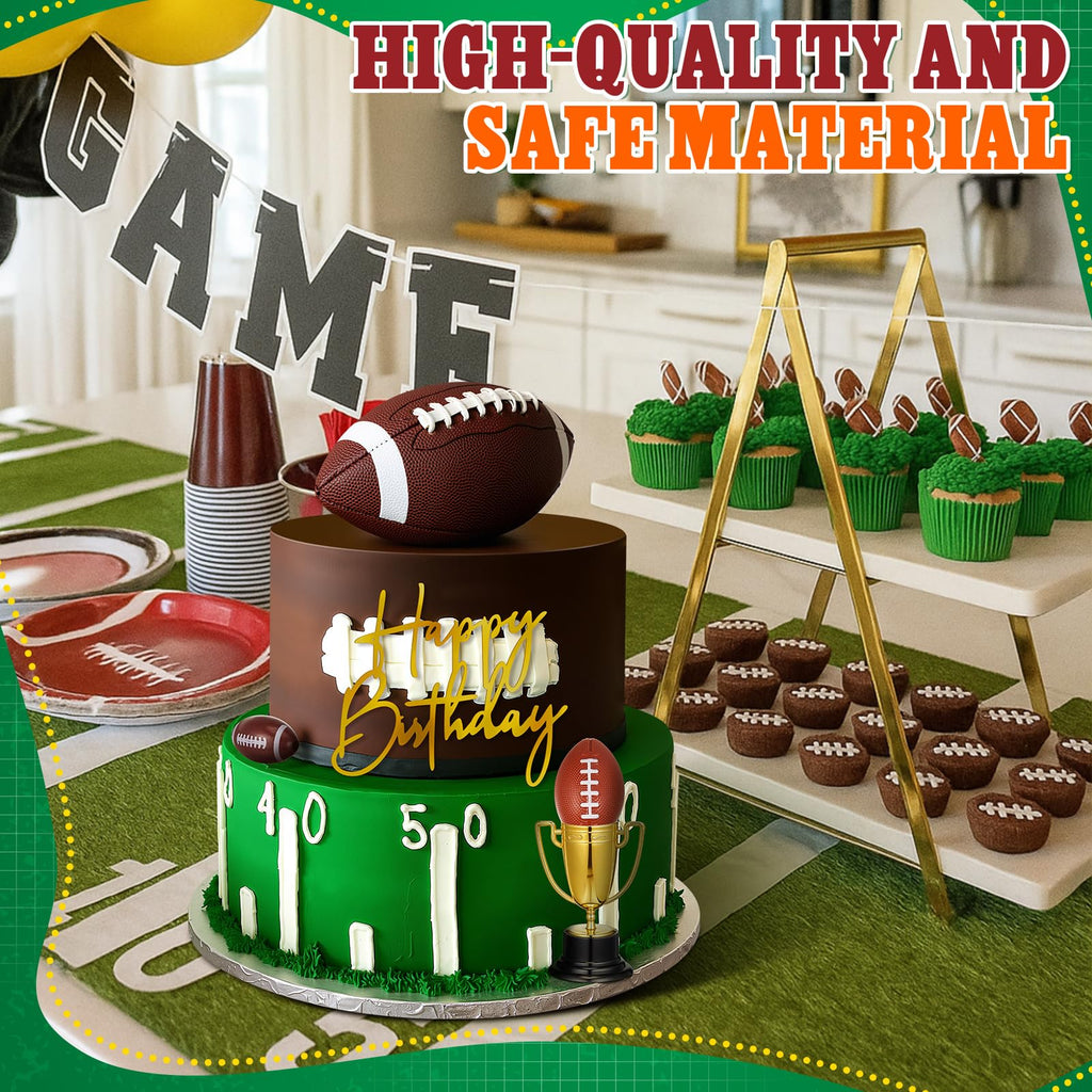 VioraWhite Large Football Cake Toppers Set - 8 Pieces with 5 Balls, Trophies, and Happy Birthday Sign for Sports Theme Parties