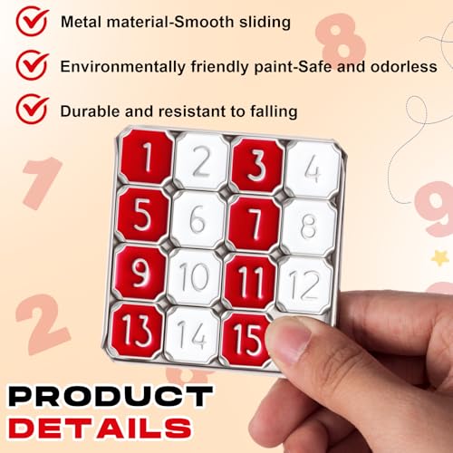 VioraWhite Metal Number Slide Puzzle – Red & White 15-Tile Brain Teaser for Teens and Adults