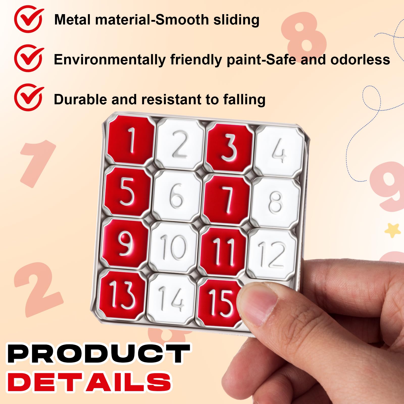 VioraWhite Metal Number Slide Puzzle – Red & White 15-Tile Brain Teaser for Teens and Adults