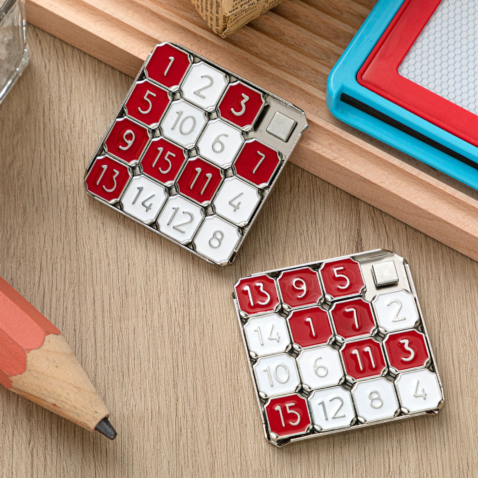 VioraWhite Metal Number Slide Puzzle – Red & White 15-Tile Brain Teaser for Teens and Adults