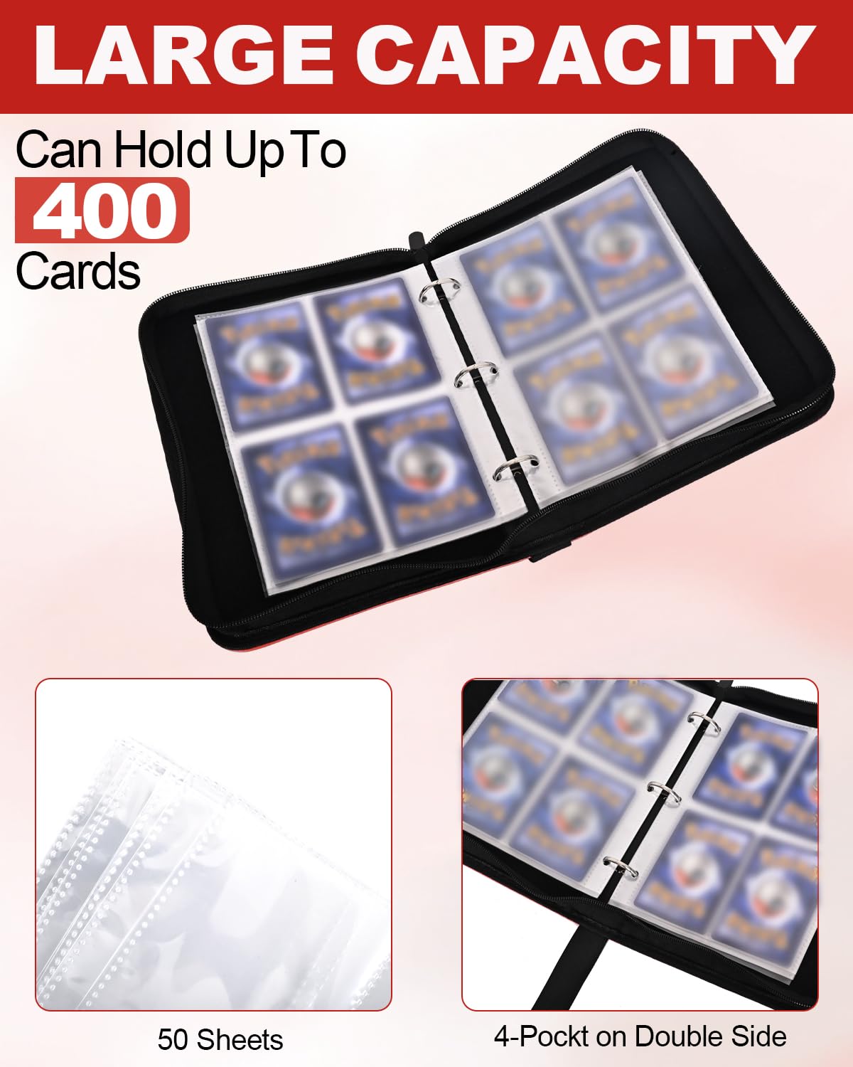 VIRIDI 4 Pocket Trading Card Binder - Red, Waterproof, Holds 400 Cards, Acid-Free Pages