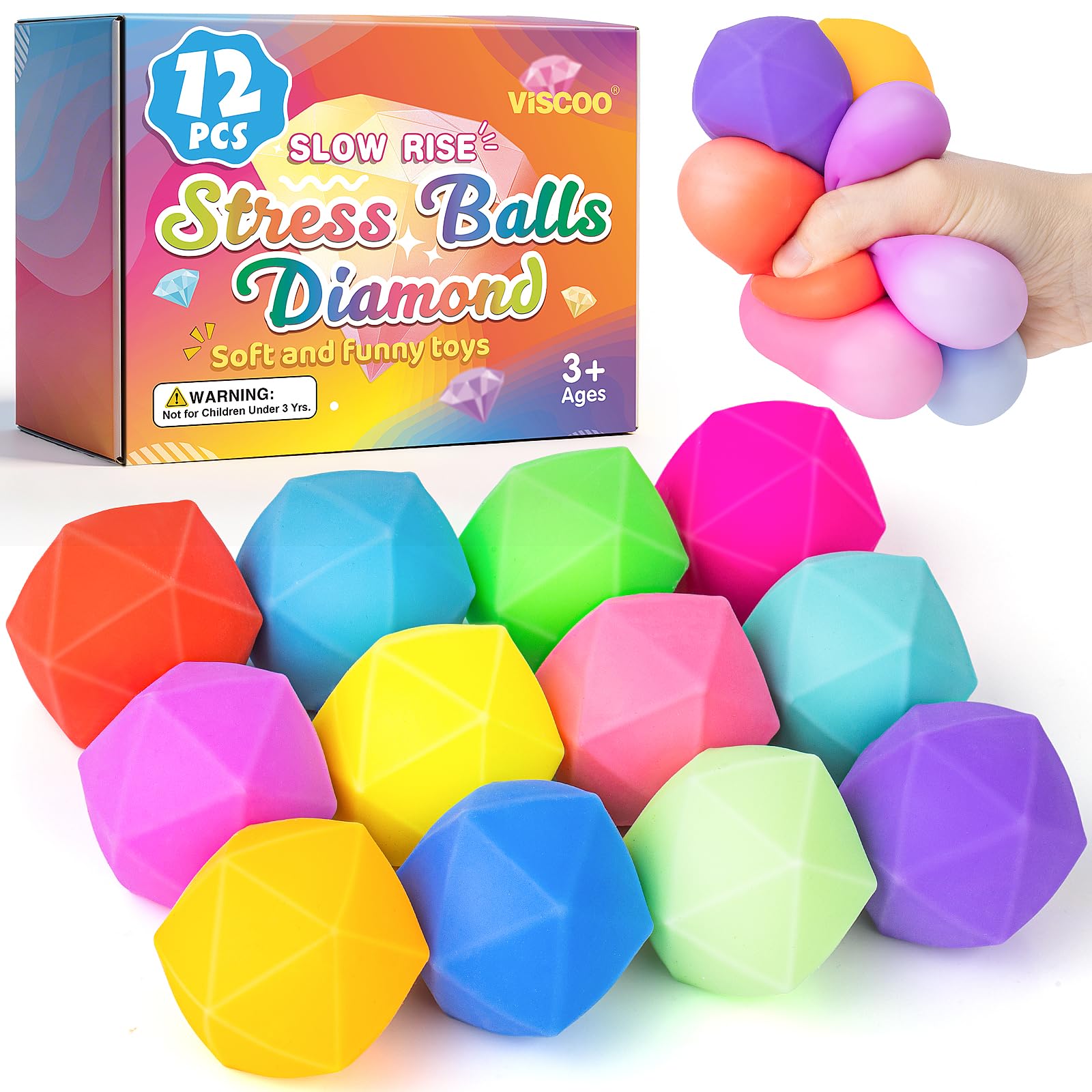 VISCOO 12 Pack Diamond Slow Rising Stress Balls - Squishy Fidget Toys for Anxiety Relief, Party Favors