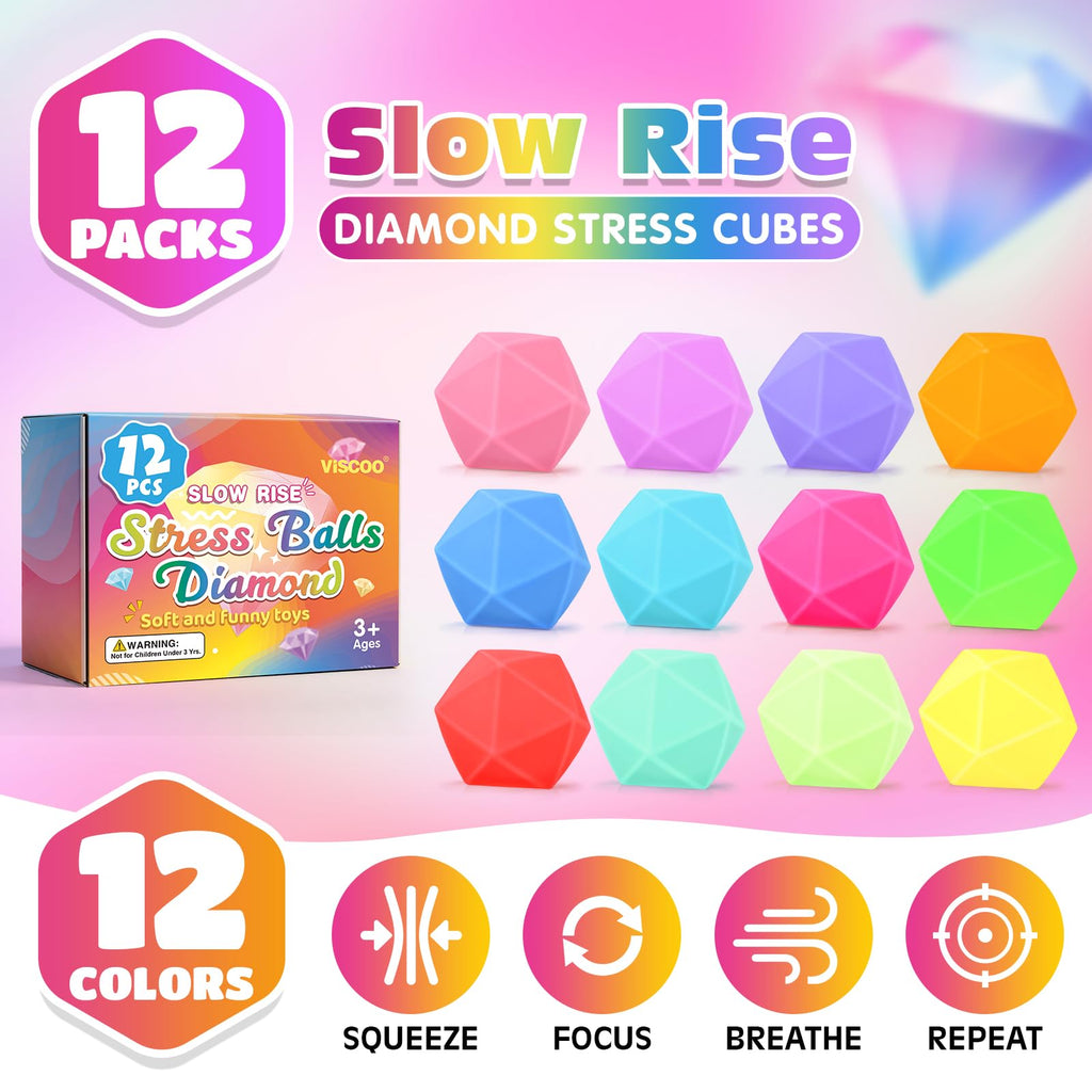 VISCOO 12 Pack Diamond Slow Rising Stress Balls - Squishy Fidget Toys for Anxiety Relief, Party Favors