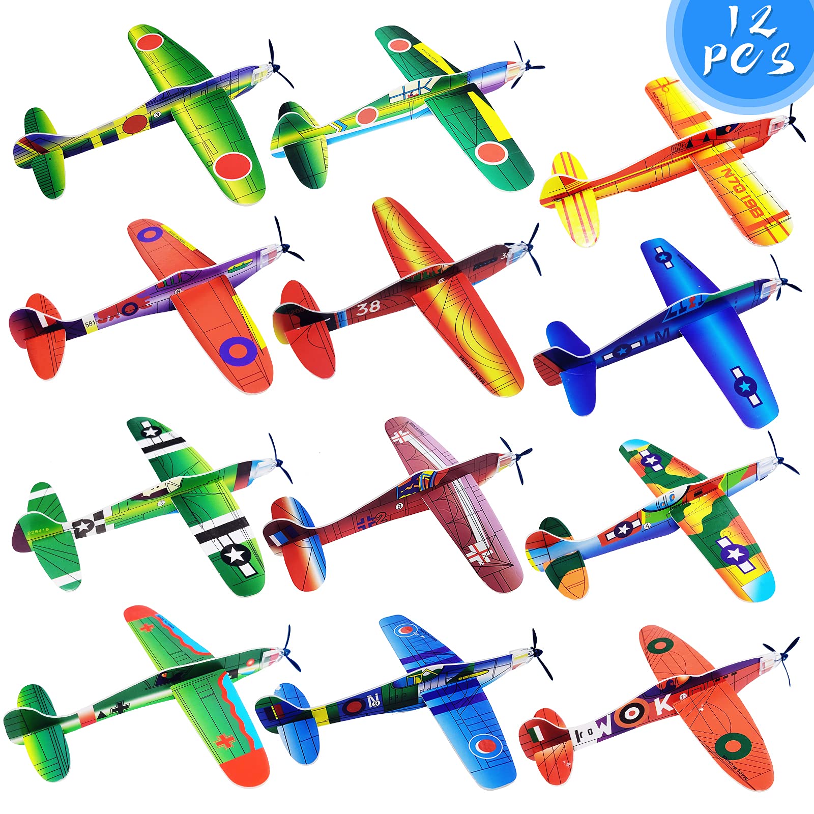 Visen 8-Inch Foam Glider Planes (12 Pack) - 12 Different Designs, Easy Assembly, Flying Toy for Kids Ages 3+