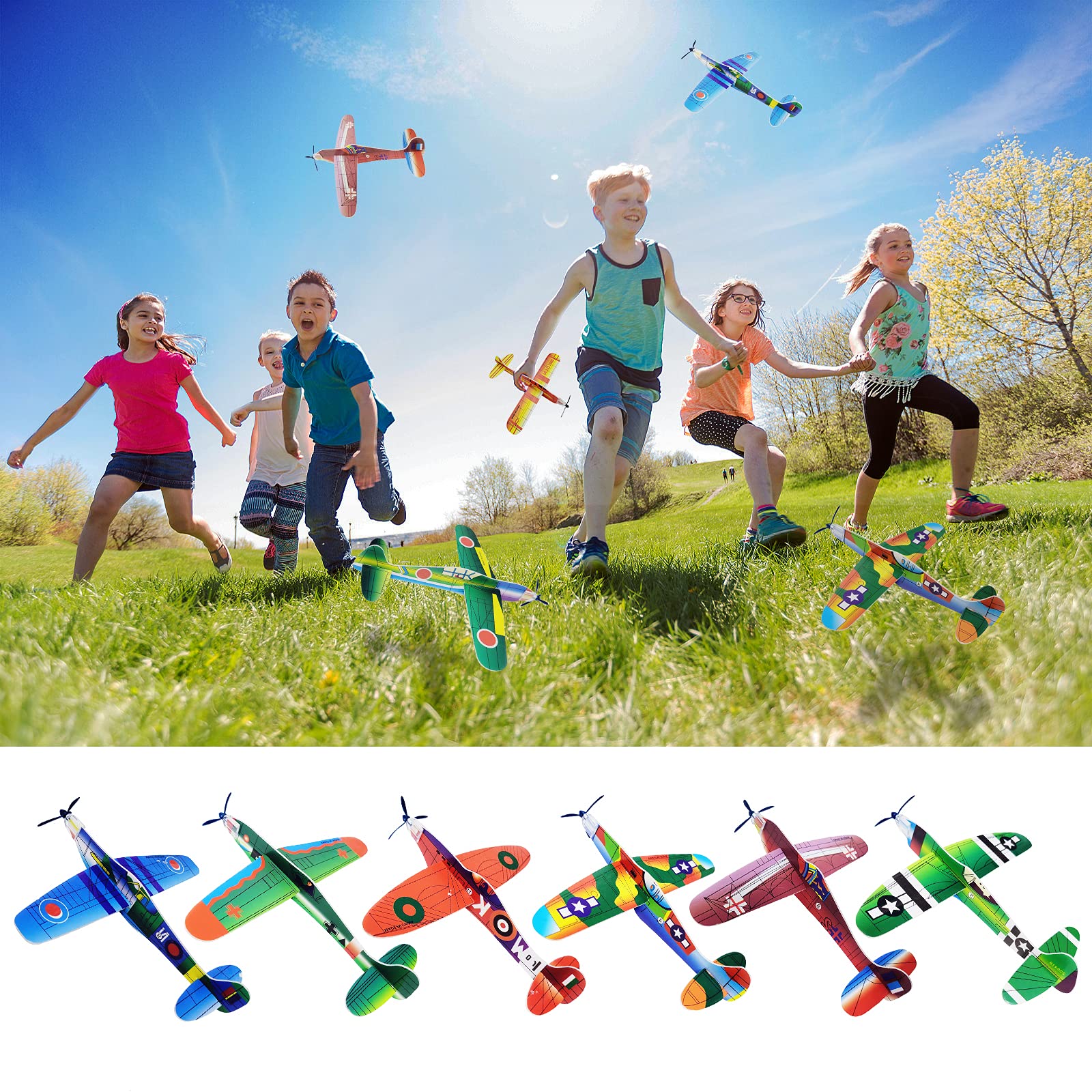Visen 8-Inch Foam Glider Planes (12 Pack) - 12 Different Designs, Easy Assembly, Flying Toy for Kids Ages 3+