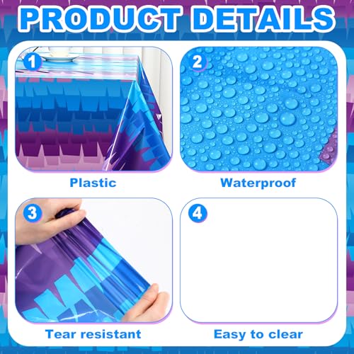 VitalCozy 3-Pack Video Game Plastic Tablecloths - 108x54 Inch Disposable Purple & Blue Party Table Cover
