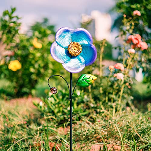 Viveta 28.7-Inch Blue Flower Wind Spinner with Metal Stake - Low-Friction Bearings, Outdoor Garden Decor