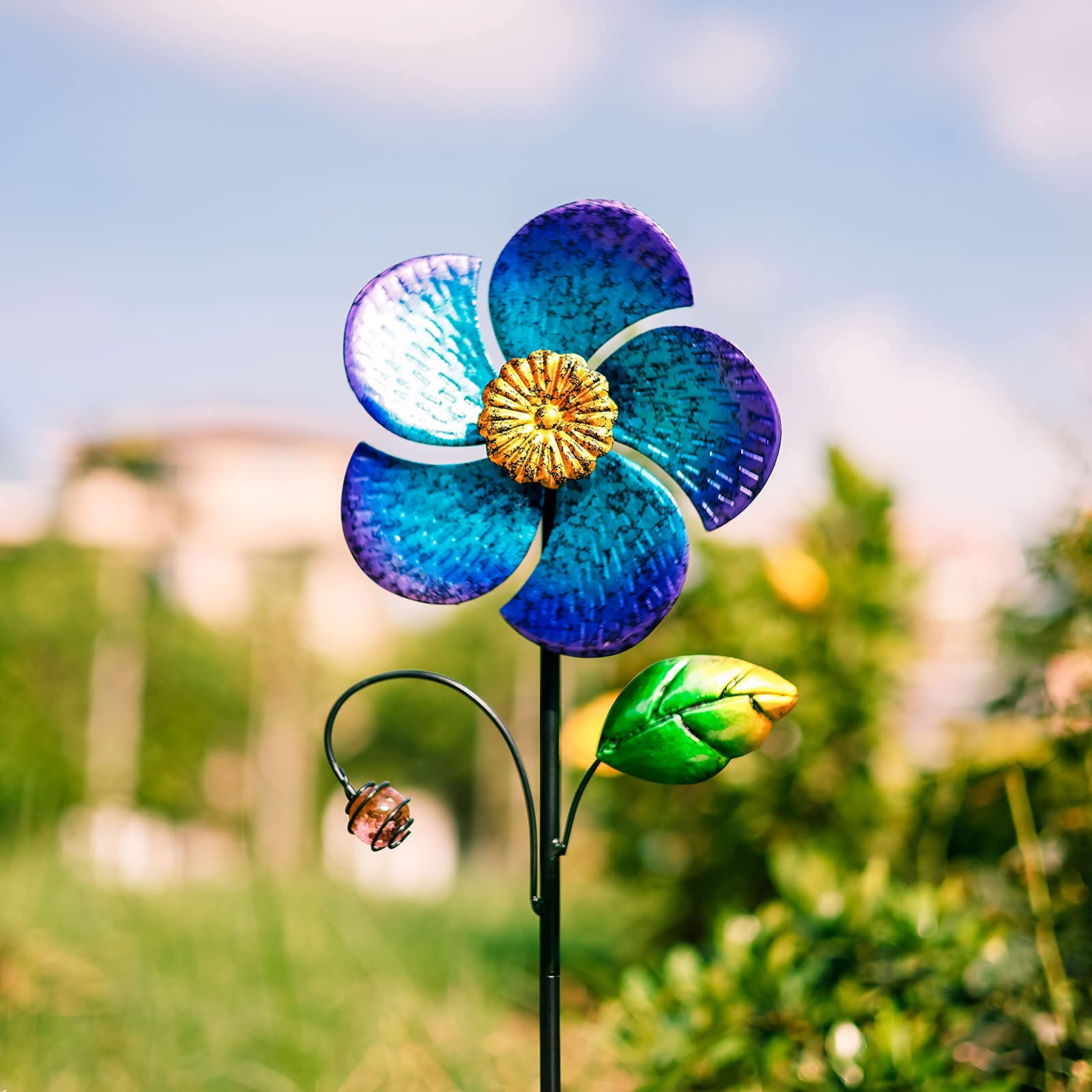 Viveta 28.7-Inch Blue Flower Wind Spinner with Metal Stake - Low-Friction Bearings, Outdoor Garden Decor