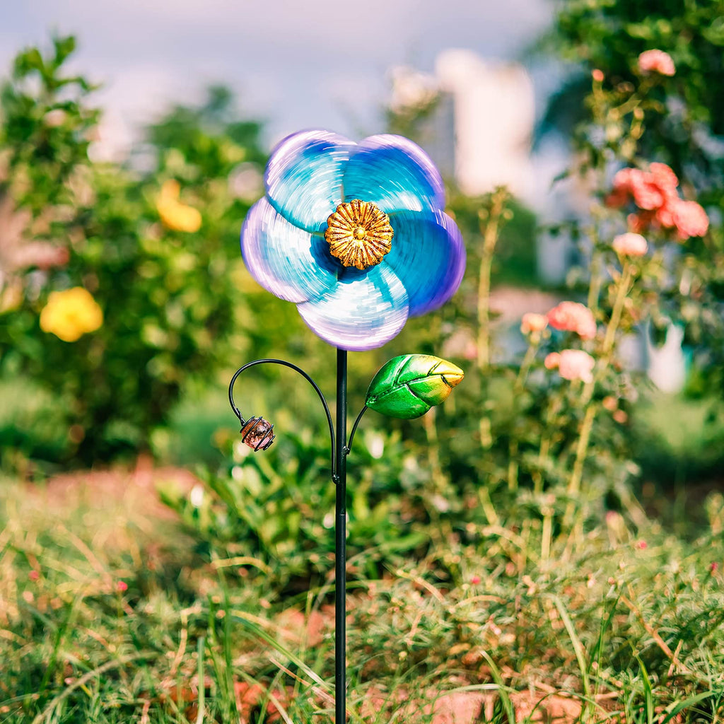 Viveta 28.7-Inch Blue Flower Wind Spinner with Metal Stake - Low-Friction Bearings, Outdoor Garden Decor
