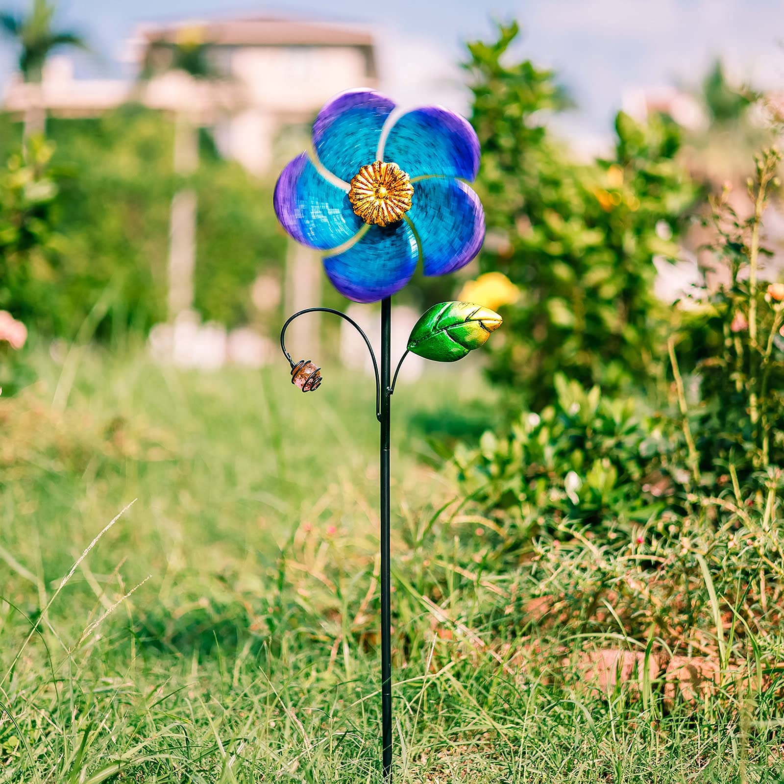 Viveta 28.7-Inch Blue Flower Wind Spinner with Metal Stake - Low-Friction Bearings, Outdoor Garden Decor