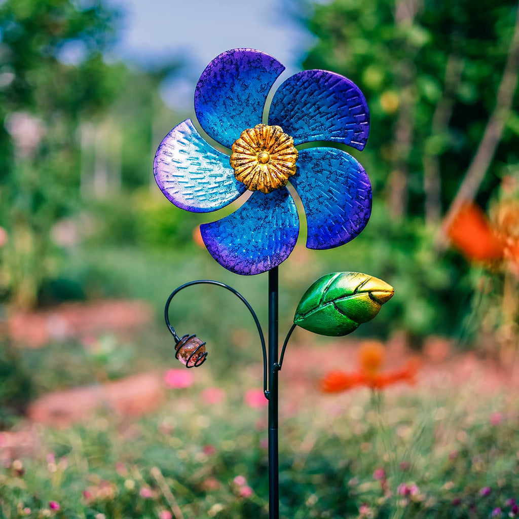 Viveta 28.7-Inch Blue Flower Wind Spinner with Metal Stake - Low-Friction Bearings, Outdoor Garden Decor