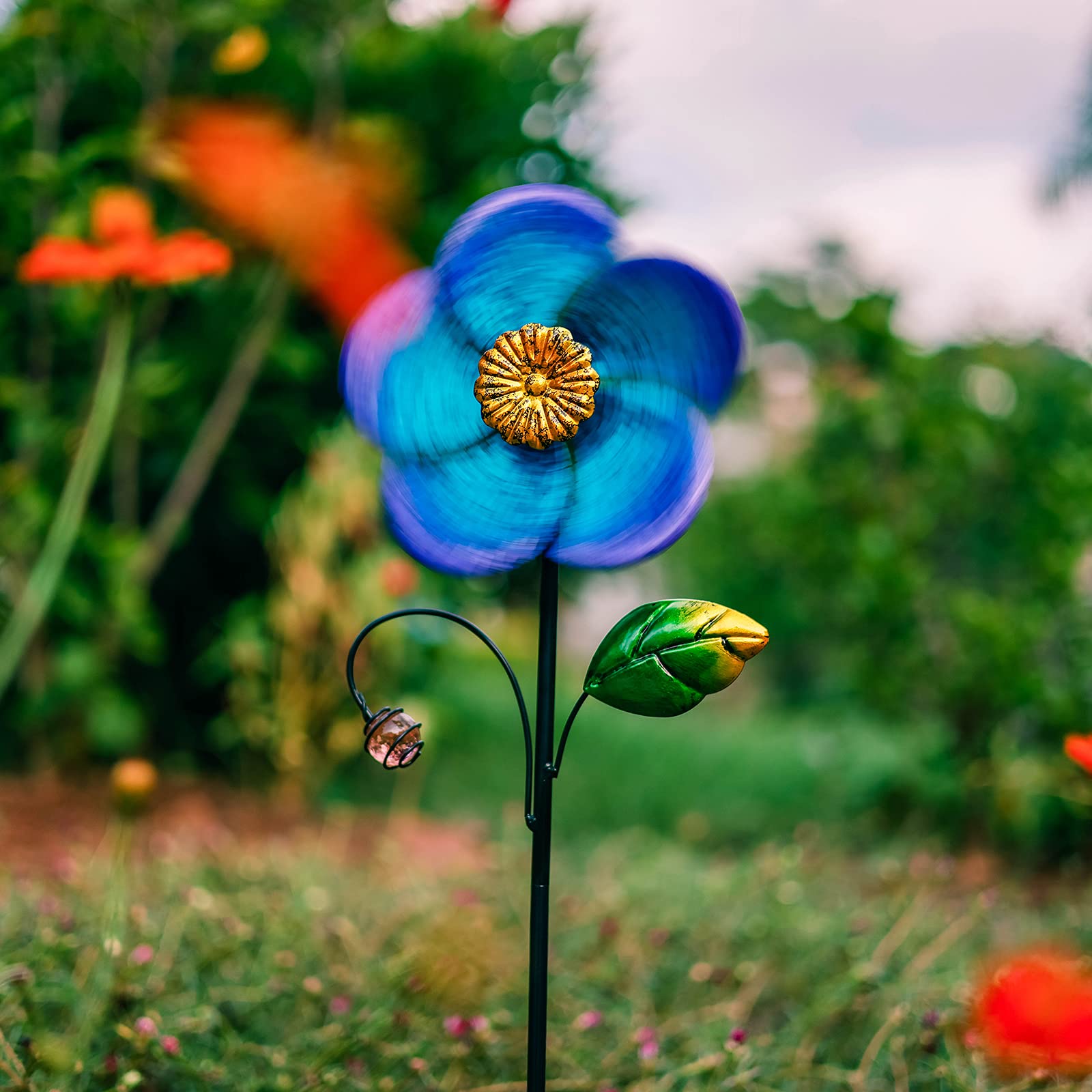 Viveta 28.7-Inch Blue Flower Wind Spinner with Metal Stake - Low-Friction Bearings, Outdoor Garden Decor